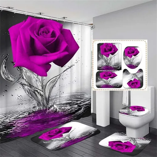 Miniatura 16 de Juego de baño Blue Rose con cortina de ducha y alfombras antideslizantes, tapete de baño, cubierta para tapa de inodoro y 12 ganchos fuertes