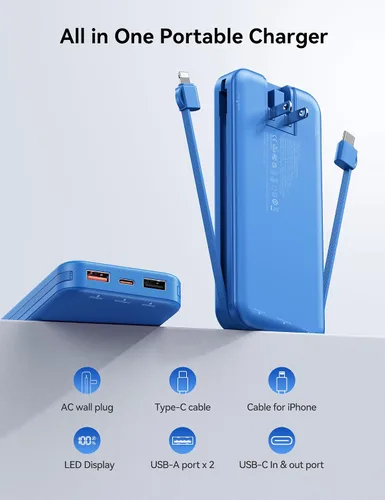 Miniatura 2 de Banco de energía aonidi de 12000mAh ultraportátil con cables incorporados y enchufe de pared AC, paquete de batería de carga rápida USB-C PD20W