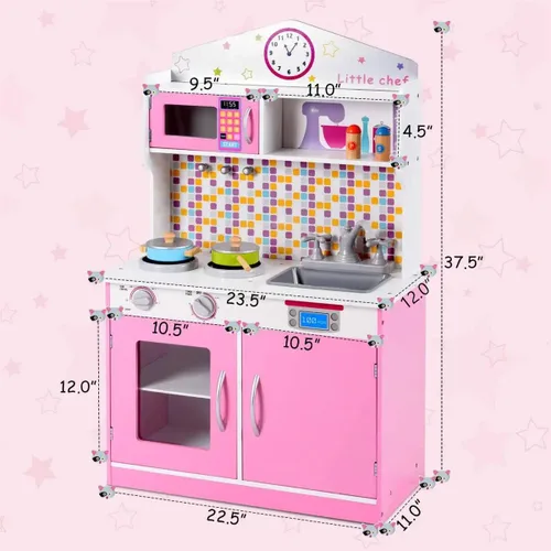 Miniatura 7 de Costzon Juego de cocina para niños, juguete de cocina de chef de simulación de madera con sonido realista, microondas, fregadero, accesorios de Rosa