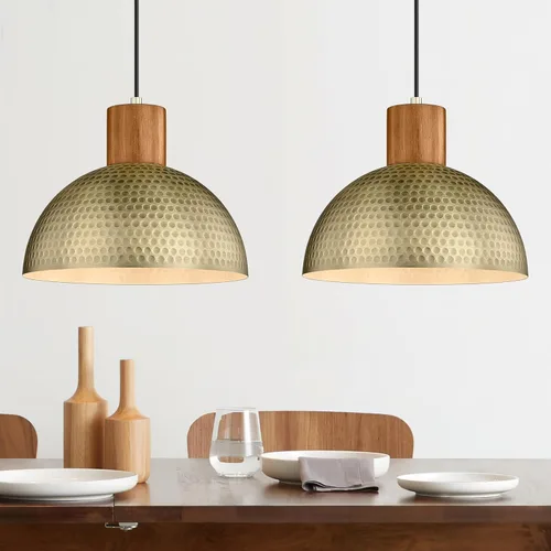 ELYONA Paquete de 2 luces colgantes martilladas de 12 pulgadas, lámpara colgante de cúpula de metal y madera vintage, oro antiguo, lámparas Latón -