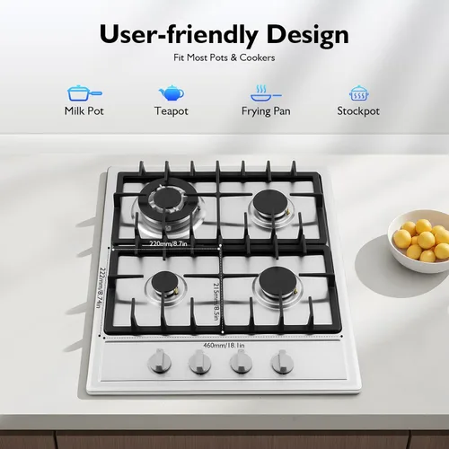 Miniatura 4 de Placa de cocina de gas integrada de 23 pulgadas, estufa de acero inoxidable de 4 quemadores, para conversión de gas natural y propano GLP, aparato