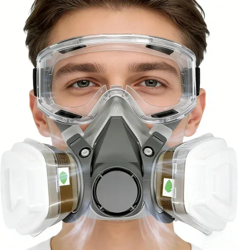 Kit de respirador reutilizable de media cara con gafas de seguridad antivaho y filtros - Respirador profesional para polvo, pintura y lijado