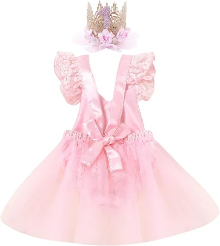 Miniatura 2 de Traje de primer cumpleaños para niña con volantes manga corta encaje floral vestido de tul diadema de corona sesión de fotos
