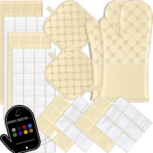 Juego de 12 manoplas de cocina con soportes para ollas, juego de 12 paños de cocina, guantes de horno, almohadillas resistentes al calor a 500 Beige