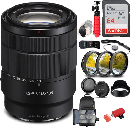 Sony Lente OSS E de 0.709-5.315 in f/3.5-5.6 (SEL18135) + kit de filtro + mochila + tarjeta de 64 GB + lector de tarjetas + trípode flexible +