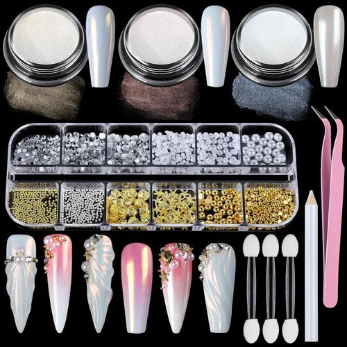 Teenitor Polvo de uñas cromado, polvo Crome para uñas de gel con gemas de uñas, polvo de cromo para uñas de perlas para uñas, polvo iridiscente de