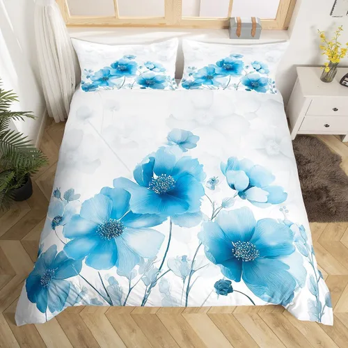 Miniatura 5 de Manfei Juego de funda de edredón de flores azules, tamaño individual, funda de edredón floral de acuarela con 1 funda de almohada, juego de ropa