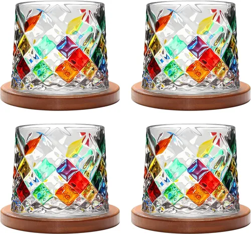 Miniatura 13 de Vaso de vidrio antiguo giratorio, 275ml/10oz de vidrio de whisky de cristal, posavasos de madera, engrosamiento, utilizado como vaso de ron, vaso