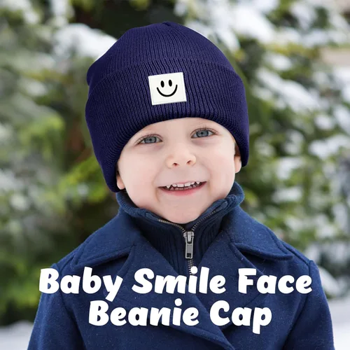 Miniatura 2 de Gorro de punto con cara sonriente para bebé, 3 unidades, para niños pequeños, gorro de invierno suave bordado con cara sonriente