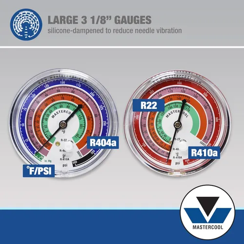 Miniatura 5 de Mastercool 59161 Juego de manómetros múltiples de latón resistente de 2 vías con manómetros amortiguados de silicona de 3 1/8" y accesorios SAE