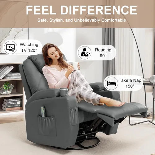 Miniatura 4 de Korser - Silla reclinable, silla mecedora con masaje y calor, sillas reclinables de giro 360° para adultos, silla mecedora manual con control remoto