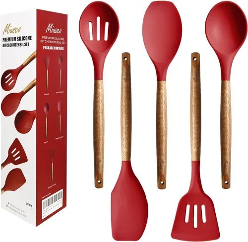Miniatura 11 de Juego de utensilios de cocina, juego de utensilios de cocina de silicona, espátula de silicona antiadherente con mango de madera dura de acacia Gris
