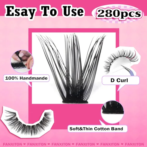 Miniatura 6 de Kit de pestañas en racimo, 280 racimos con cepillo, extensiones rizadas en D, con volumen, 23/64 a 40/64 pulgadas, 40D+50D, pestañas individuales