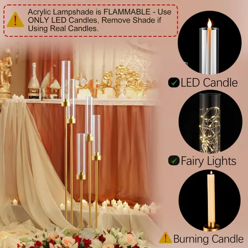 Miniatura 5 de Candelabro de 5 brazos con pantalla acrílica, juego de 4 candelabros dorados para mesa de boda, fiesta de cumpleaños, decoración del hogar, 39.4