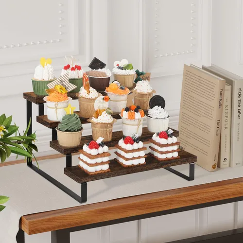 Miniatura 9 de YINMIT Soporte elevador de madera, soporte organizador de perfume y colonia, organizador de especias de 4 niveles, estante de exhibición rústico