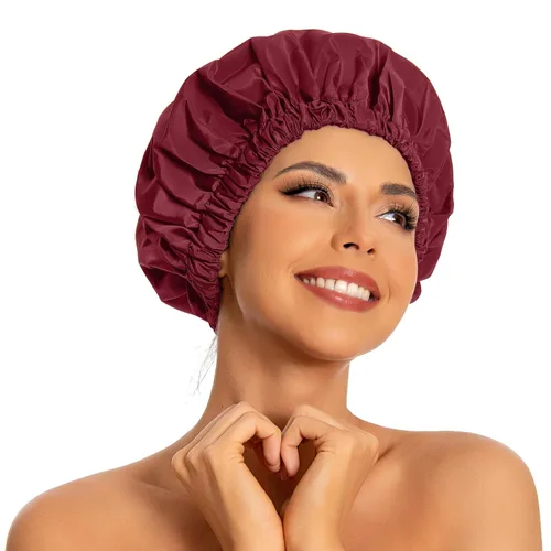 Miniatura 25 de Gorro de ducha reutilizable para mujer, grande, impermeable, lavable, banda elástica, accesorios de baño, sombrero para cabello largo, trenzas Beige