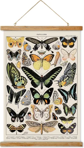 Ovfovy Póster de mariposa vintage con marco de madera, estilo retro de Cottagecore - Pintura artística estética de pared - Póster de tabla de