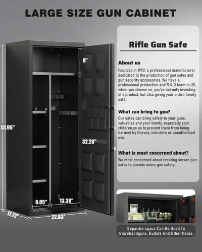 Miniatura 5 de Caja fuerte para armas de 20 a 25, caja fuerte digital de 52 pulgadas para rifles y pistolas con 3 estantes para armas y estantes ajustables