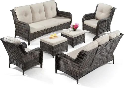 Miniatura 23 de Juego de 2 sillas de patio giratorias de 360 grados para exteriores y mesa auxiliar a juego – 3 sillas deslizantes de mimbre para patio con cojines