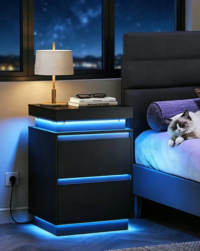 Miniatura 2 de WLIVE Mesita de noche negra con estación de carga y luces LED, mesita de noche con 2 cajones de madera y parte superior deslizante, mesa auxiliar