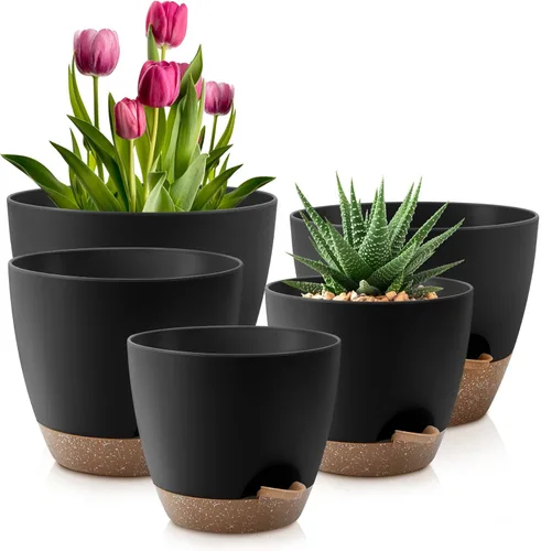 Miniatura 17 de QRRICA Macetas para Plantas de 8/7/6.5/6/5.5/5 Pulgadas con Autoriego, Juego de 6 Macetas de Plástico con Agujeros de Drenaje y Platillos, Macetas
