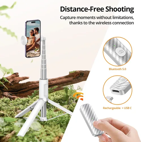 Miniatura 4 de ATUMTEK Trípode selfie stick de 62 pulgadas, trípode extensible de aluminio con control remoto Bluetooth recargable, compatible con teléfonos