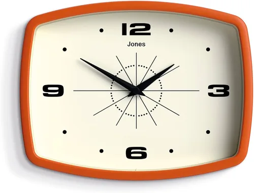 JONES CLOCKS® Reloj de pared de película | Reloj retro rectangular | 10 pulgadas | Naranja | Aspecto de diseñador fresco de mediados de siglo para