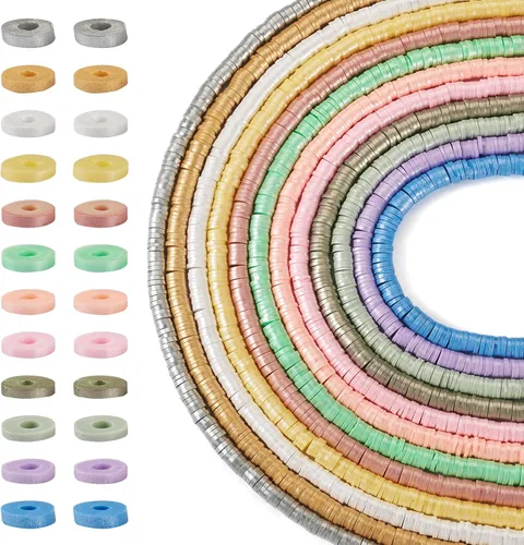 Miniatura 10 de FASHEWELRY 12 hebras de cuentas de arcilla polimérica de 0.236 pulgadas (0.236 in) hechas a mano de arcilla Heishi, cuentas espaciadoras de arcilla