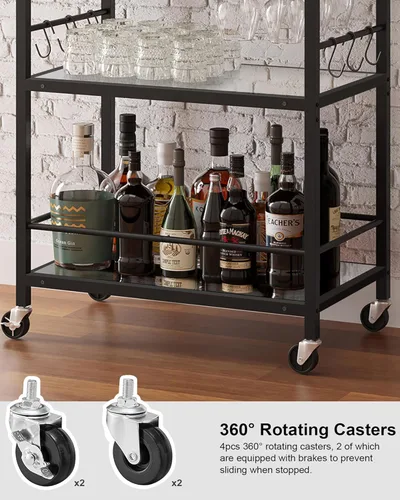 Miniatura 5 de TUTOTAK Carrito de Bar, Carrito de Servicio de Bar para el Hogar con Estante Espejado de 3 Niveles, Carrito de Bebidas, Estante de Cocina Móvil