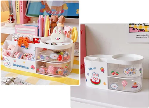 Miniatura 5 de Organizador de escritorio Kawaii con cajones para adolescentes y niñas, lindo organizador de escritorio Kawaii con calcomanías, suministros Rosa