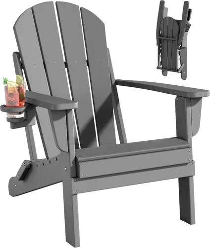 Miniatura 8 de Folding Adirondack Chairs Set, All-Weather Resistant HDPE Sturdy Outside Chairs with Cup Holder and Phone Stand, Lawn Chairs, 80% Pre-Installed Load