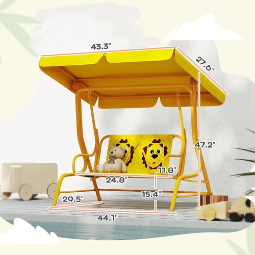 Miniatura 7 de Qaba Columpio de patio para niños, 2 plazas para porche al aire libre con toldo ajustable, cinturón de seguridad, banco colgante con patrón de león