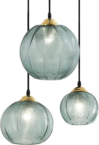 KCO Iluminación Lámpara de araña vintage de vidrio verde 3 accesorios de luz colgante Lámpara colgante de vidrio rayado de granja Lámparas colgantes