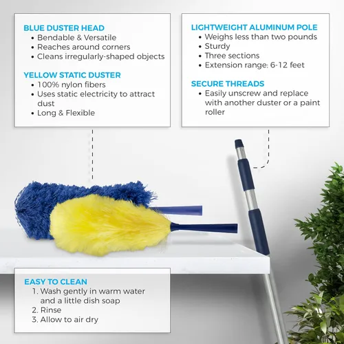 Miniatura 5 de Feather Microfiber Plus Nylon Static Cobweb Duster Alcanza hasta 20 pies Kit de plumero Webster de ventilador de techo extensible de 3 niveles
