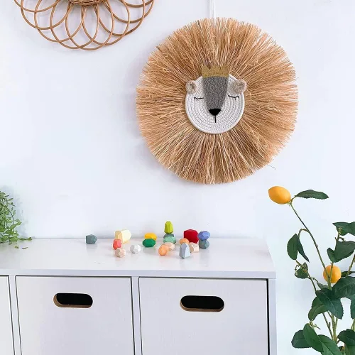 Miniatura 5 de Tapiz para colgar en la pared con cabeza de animal, tejido a mano para colgar en la pared, decoración de pared de dibujos animados, león, tigre, H