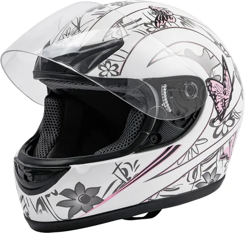 SLMOTO Casco de seguridad aprobado por DOT, casco de motocicleta para adultos, doble visera, cara completa con protector solar Mariposa blanca/rosa