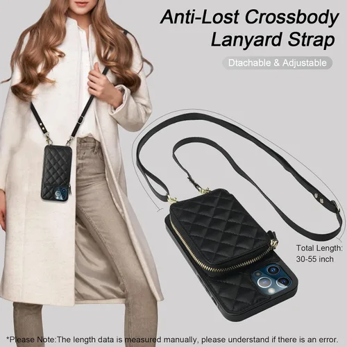 Miniatura 6 de Bocasal Funda tipo cartera cruzada para iPhone 13 Pro, con bloqueo RFID, de piel sintética, con cremallera, funda tipo cartera con función atril
