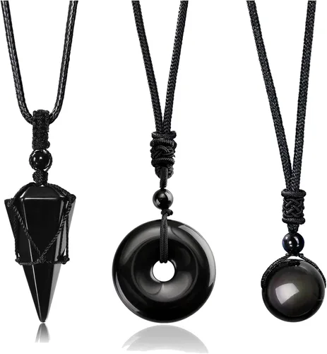 Jovivi Juego de 3 collares de piedra de cristal curativo para hombres y mujeres, amatista natural, obsidiana negra, ojo de tigre, piedras preciosas