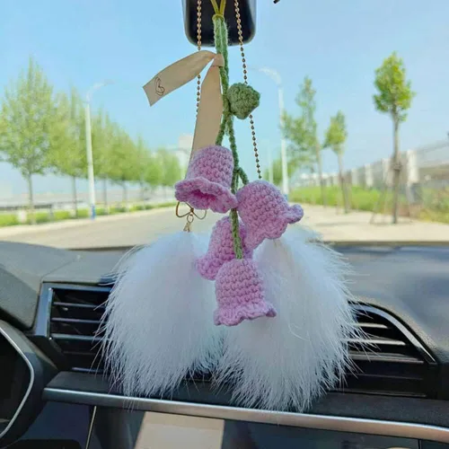 Miniatura 9 de Surakey Lindo ganchillo colgante Campanula flor de punto Convallaria espejo de coche colgante interior del coche espejo retrovisor de algodón cordón