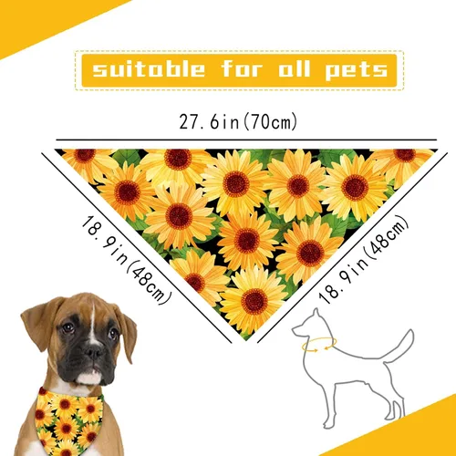 Miniatura 2 de Pañuelo de girasol con hojas para perro, bufanda lavable para mascotas, pañuelo ajustable triangular, estampado de doble cara, negro, girasol Hueso