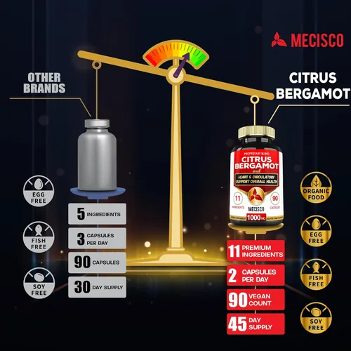 Miniatura 4 de Mecisco Suplemento de bergamota cítrica 11 en 1 de 1000 mg con chokeberry negro, berberina HCl y más – 90 cápsulas – Apoya la salud del corazón