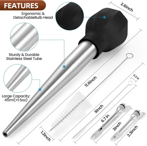 Miniatura 5 de SCHVUBENR Baster grande para pavos con cepillo de limpieza y aguja, herramienta de acero inoxidable para cocinar, fácil de usar y limpiar, jeringa