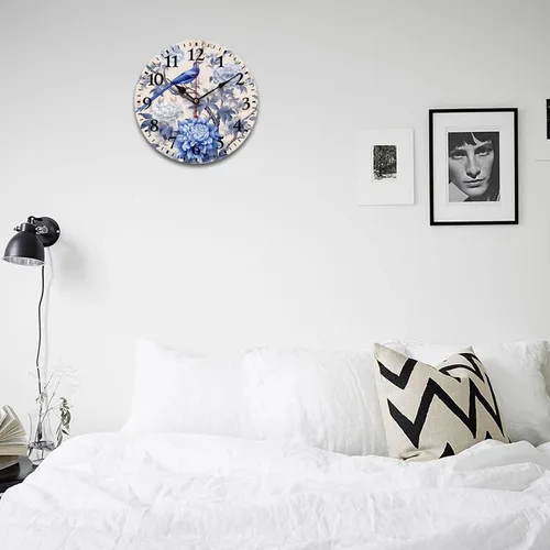 Miniatura 4 de Chinoiserie - Reloj de pared de madera moderno con patrón floral azul y blanco, flores y pájaros, funciona con pilas, con movimiento de cuarzo, azul