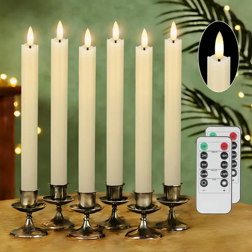 Miniatura 10 de JOIONE Velas cónicas sin llama con temporizador remoto, paquete de 6 velas parpadeantes de cera real, funciona con pilas, velas LED eléctricas