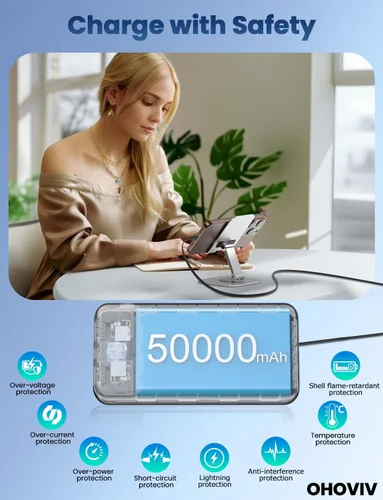 Miniatura 7 de Cargador portátil, banco de energía de 50000 mAh con cables incorporados, paquete de batería de carga rápida de 22.5W, cargador de teléfono portátil