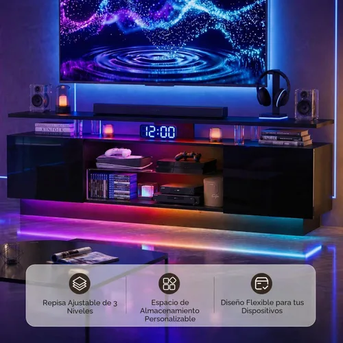 Miniatura 7 de Soporte de TV de alto brillo de 70 pulgadas con 2 armarios laterales, consola de TV moderna y elegante con luces LED de 3 capas, consola multimedia