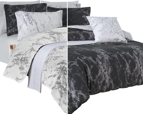 Miniatura 16 de Elegant Comfort Juego de edredón reversible de 10 piezas, estampado de mármol, almohada decorativa y sábana bajera con bolsillos inteligentes, Azul