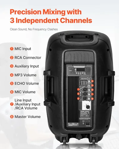 Miniatura 3 de VEVOR Sistema PA portátil, alimentado por 2000 W (PMPO), sistema de sonido con mezclador de 3 canales, altavoces duales, Bluetooth inalámbrico