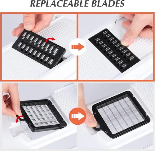 Miniatura 5 de KEOUKE Cortador de verduras de mandolina pro - Cortador de alimentos con 16 cuchillas intercambiables con recipiente, protector manual y escurridor