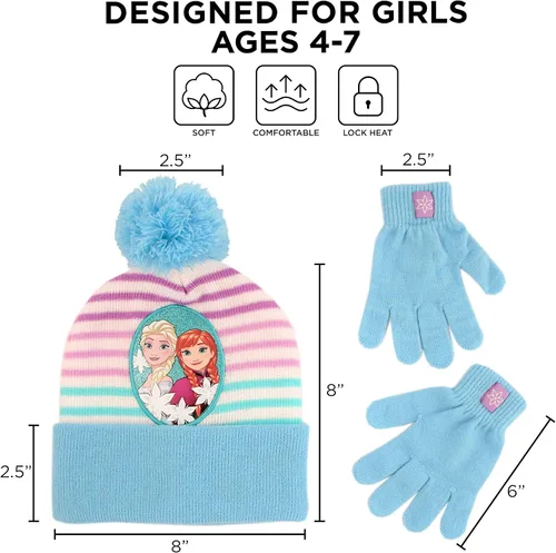 Miniatura 6 de Disney Conjunto de sombrero de invierno Frozen para niñas y guantes para niños gorro Elsa y Anna para edades de 4 a 7 años
